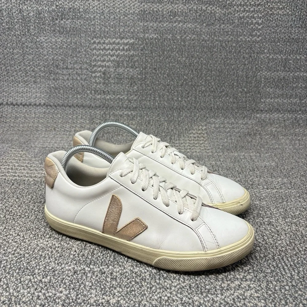 Veja Esplar Leather Sneakers White Rose Gold V Logo Women's US 8 EU 39 Shoes